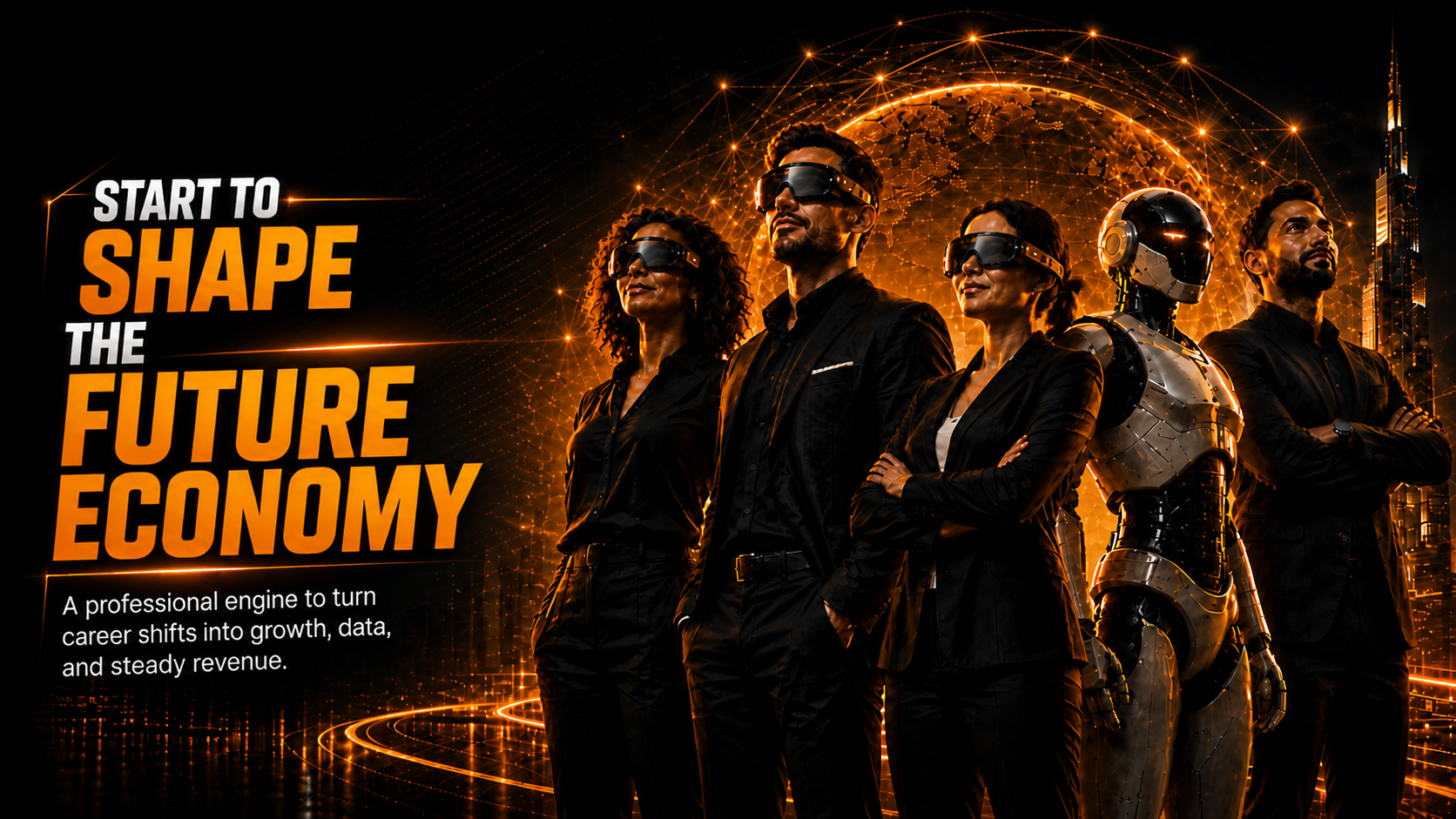 Start to shape the future economy — a team of professionals and an AI standing in front of a glowing global network.